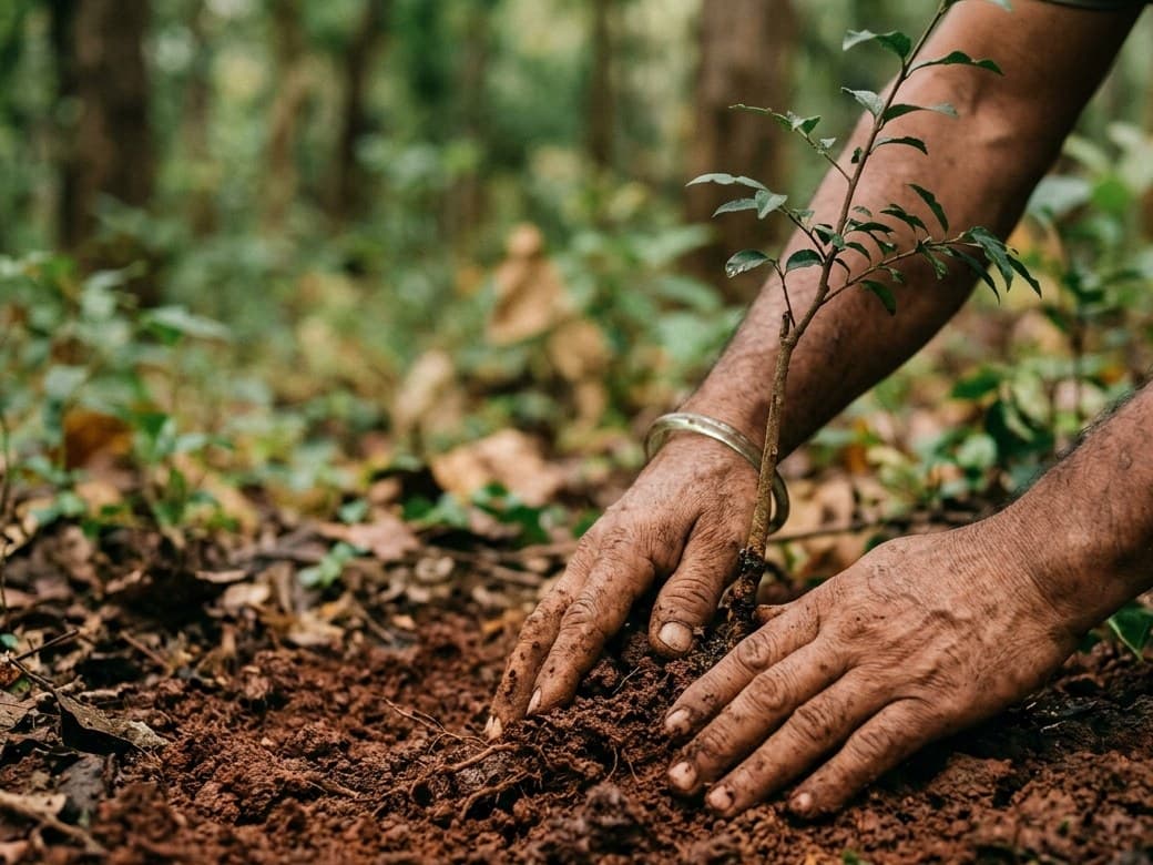 Two hands pressing soil around a newly planted sapling