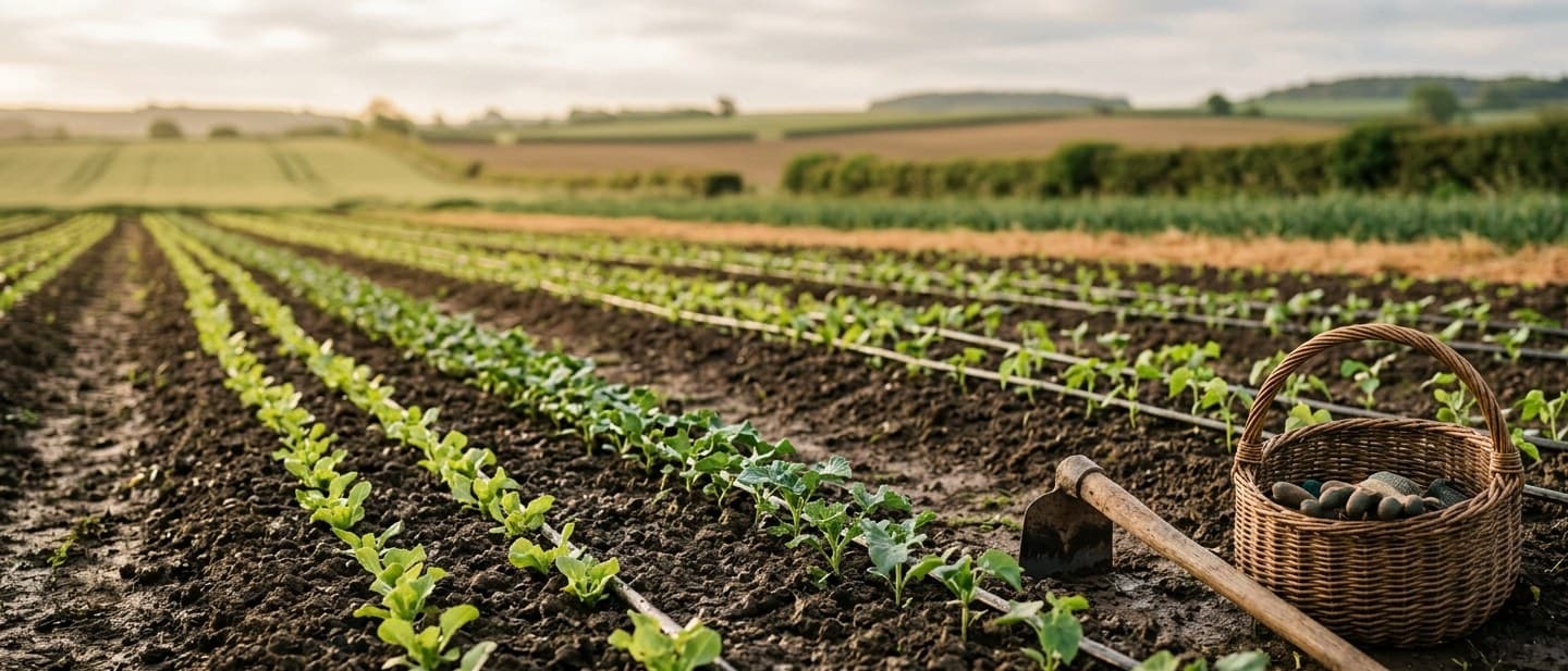 Rows of young crops in dark soil, with a farmer’s hand tools resting at the edge