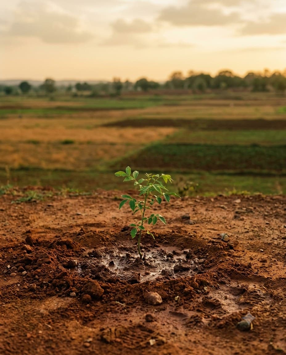 A young sapling in red earth, with farmland behind it at dusk