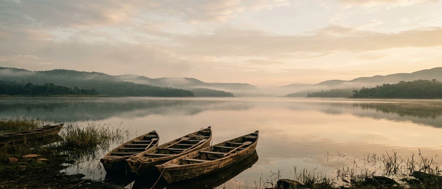 Dawn over a still lake, with small wooden boats near the shore