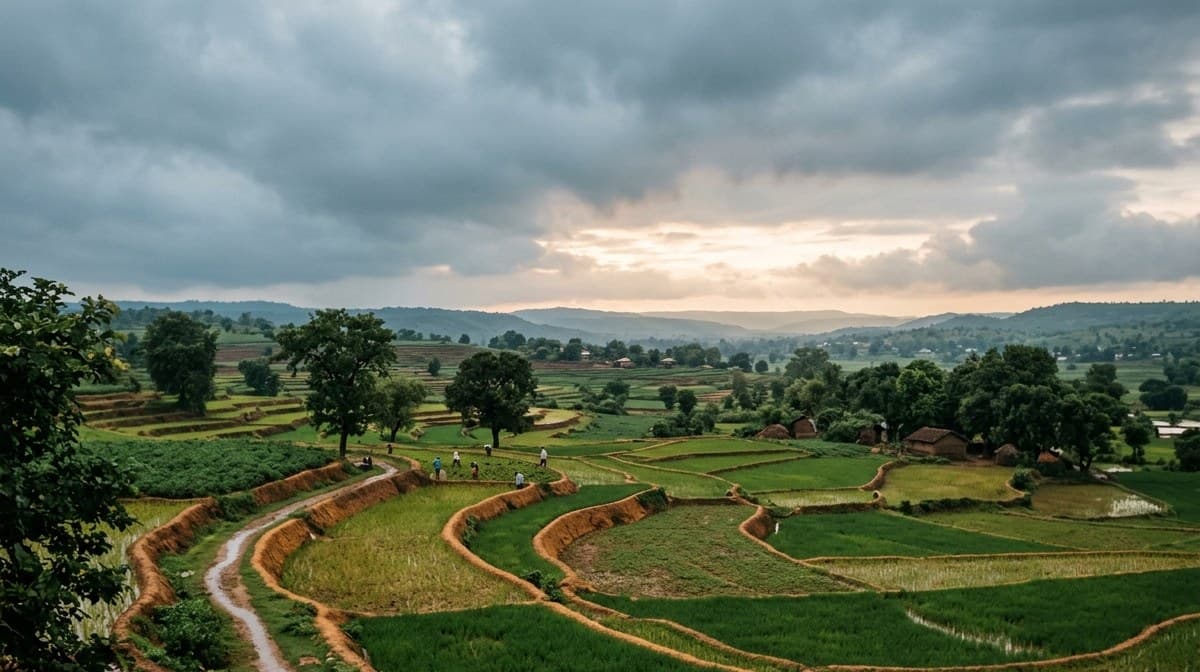 Terraced green fields and a small village under monsoon clouds